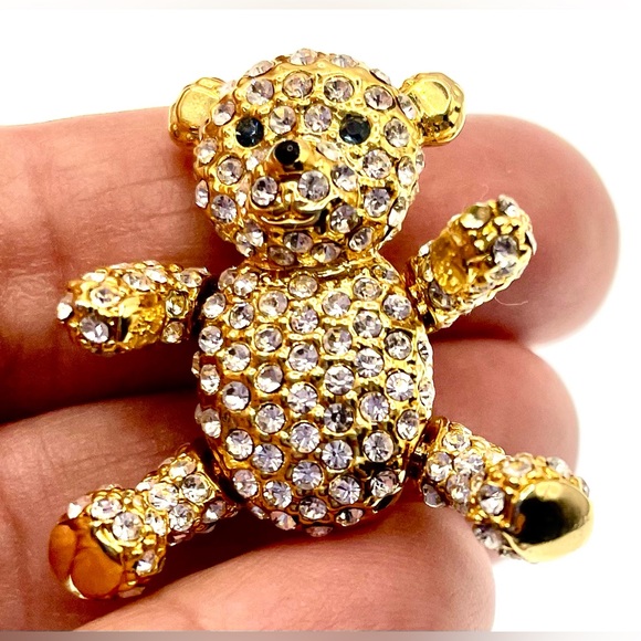 Gold Tone and Crystals Articulated Teddy Bear Brooch Pin - Picture 3 of 5